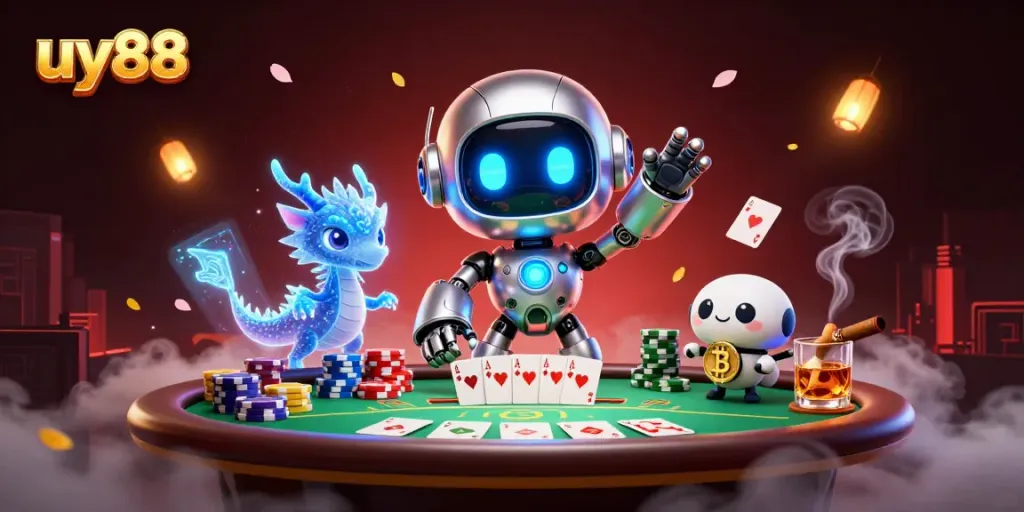 Engage with uy88's exciting poker scene featuring a neon-themed robot and vivid casino elements.