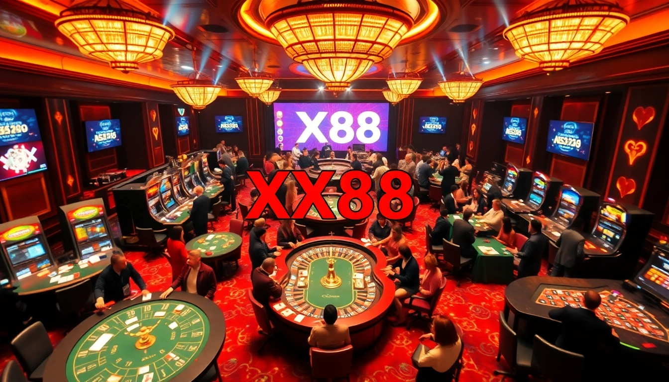 Experience the excitement of gaming at XX88 with dynamic casino visuals featuring slot machines and card tables.