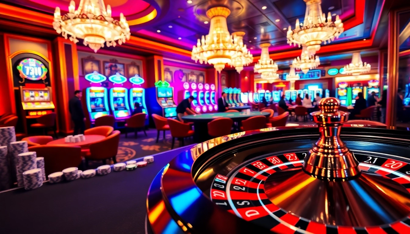 Casino scene featuring a roulette table and players aiming for a hay win with vibrant colors and excitement.