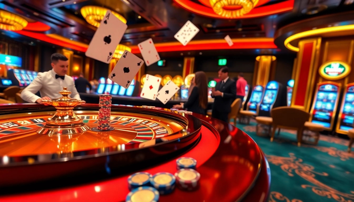 Experience the thrill of gambling at trang luck8 with a vibrant casino scene featuring roulette and poker.