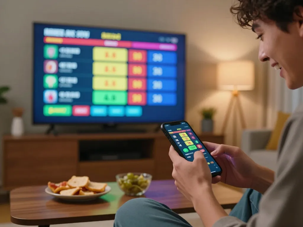 Person actively betting on vsbet using smartphone in a lively home setting