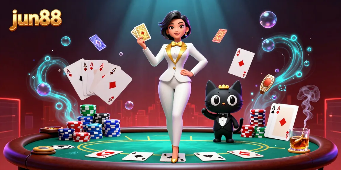 Win thrilling games at jun88 with a glamorous casino scene featuring cards and poker chips.