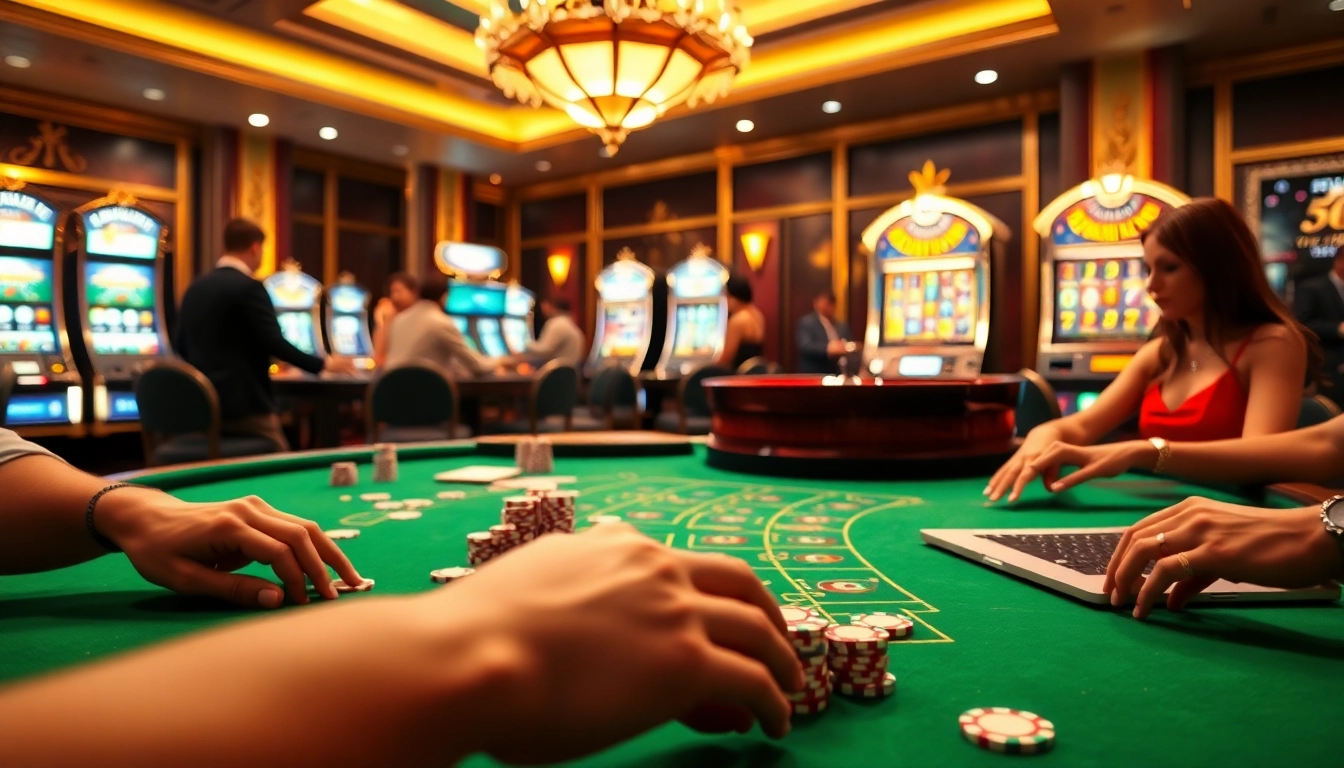 A dynamic casino environment representing https://58win.watch/ with players engaging at poker tables and vibrant slot machines.