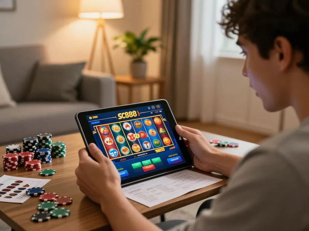 Player engaging with sc888 online casino app on tablet, showcasing vibrant gaming options in a cozy home environment.