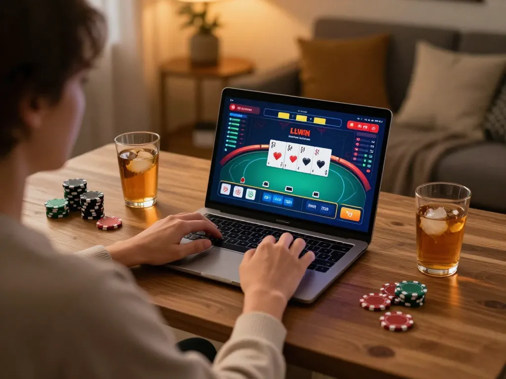 Engaging in online gaming at LLWIN with poker interface visible on laptop, cozy atmosphere