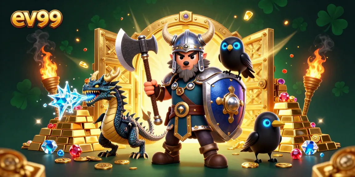 Experience thrilling games at ev99 with a 3D Viking champion, dragon, and treasure in an energetic casino scene.
