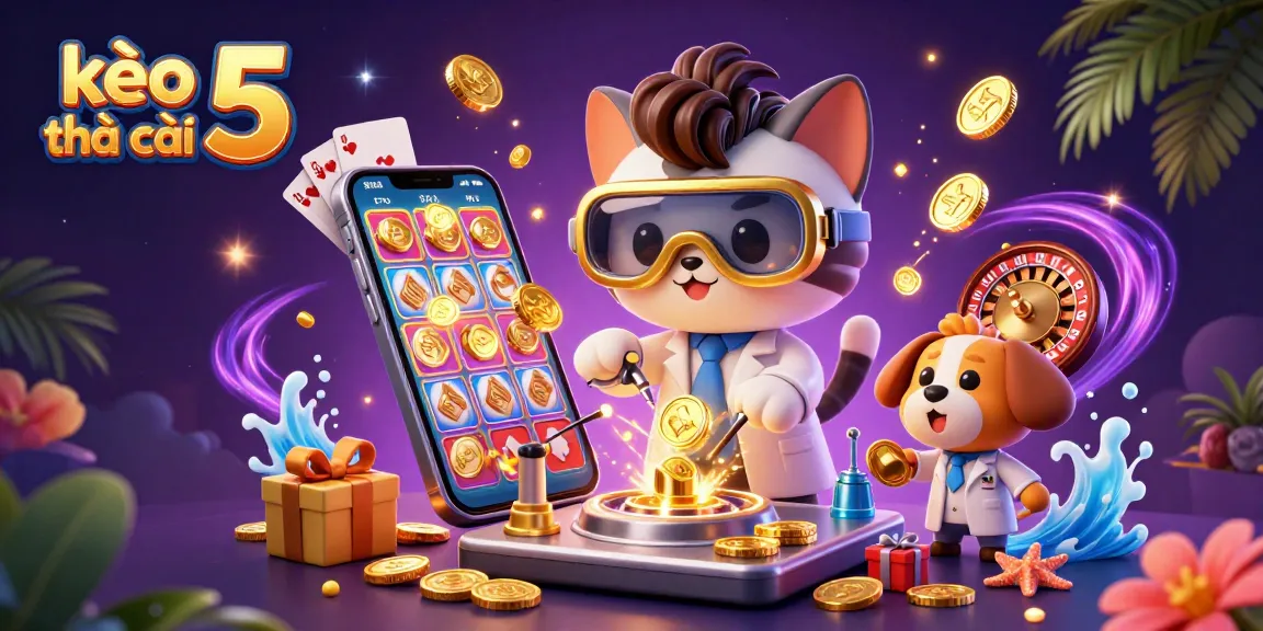 Engage in the winning strategy of kèo nhà cái 5 with dynamic gambling elements in a vibrant 3D illustration.