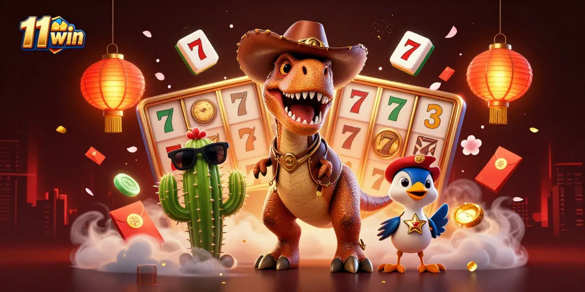 Join the 11 win adventure with a cowboy dinosaur, cactus sidekick, and roadrunner in a vibrant casino scene.