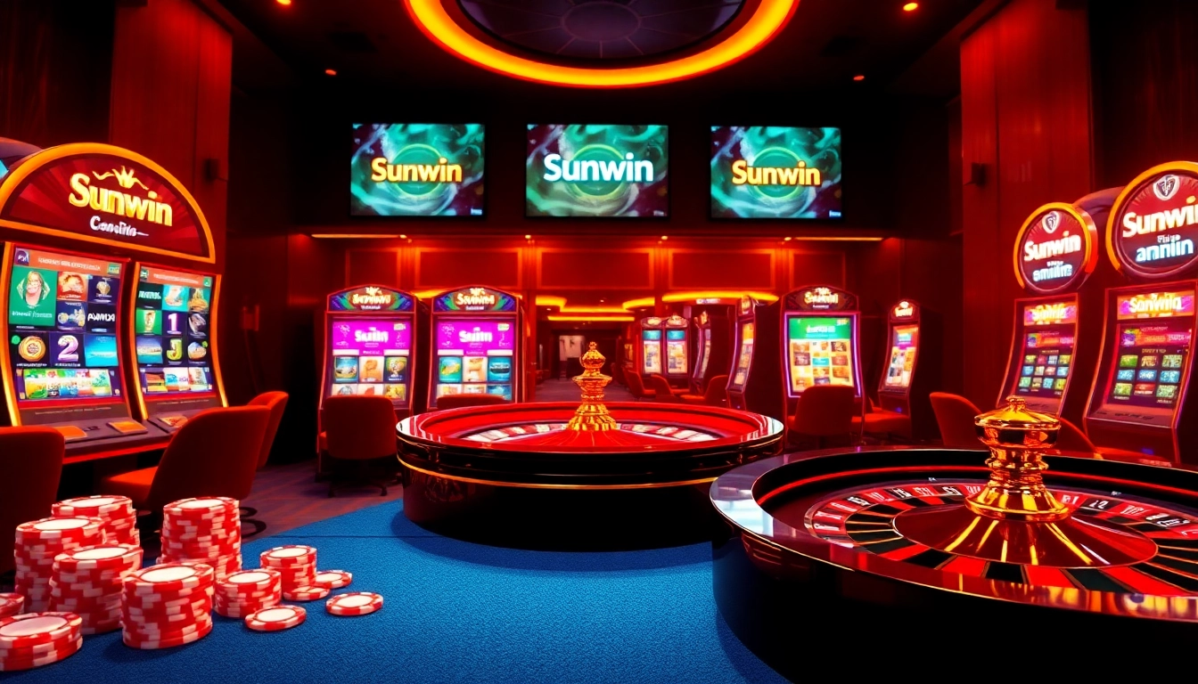 Sunwin casino scene with glowing poker chips and roulette wheel in a luxurious setting.
