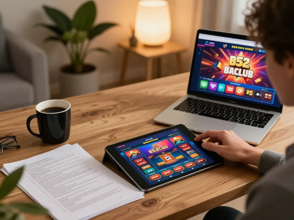 An engaging home gaming scene with B52Club app displayed on tablet, showcasing responsible online gambling.