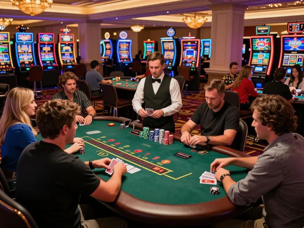 Experience vin777 with players strategizing at a blackjack table in a lively casino.