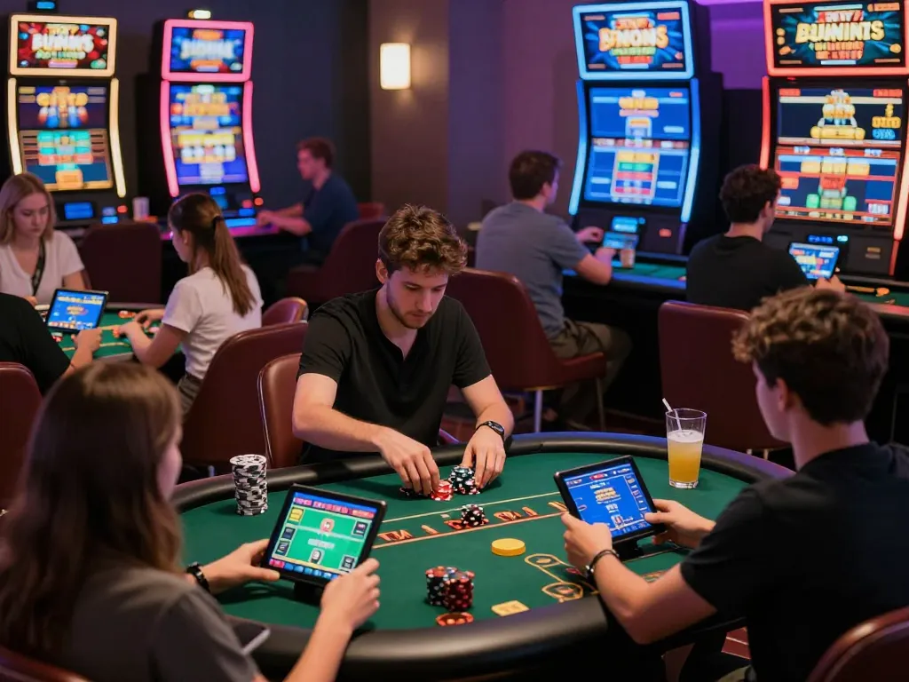 Players enjoy engaging online games at ok365vvip casino, focusing on mobile devices and strategic gameplay.