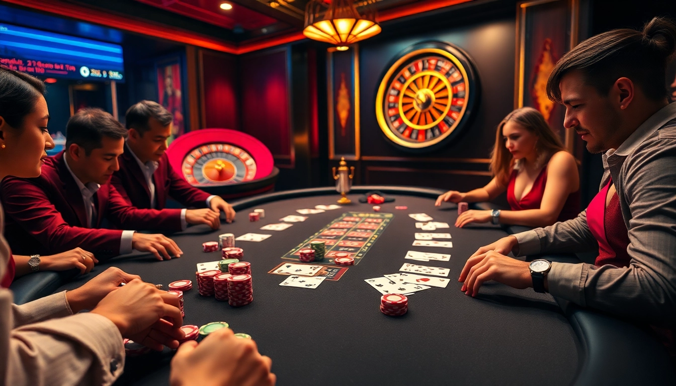 Players engage with nohu90 poker chips in a vibrant casino, showcasing excitement and strategy.