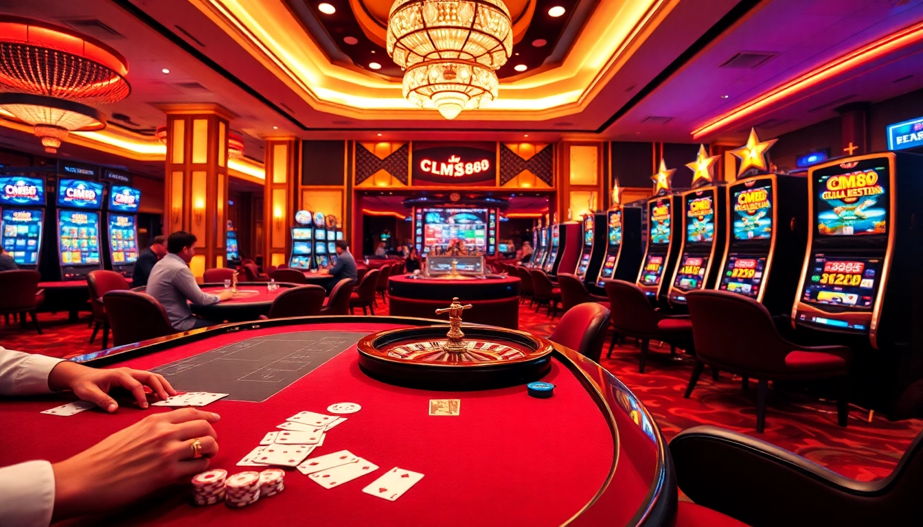 Experience CM88's vibrant online gambling scene with casino tables, slot machines, and excitement.