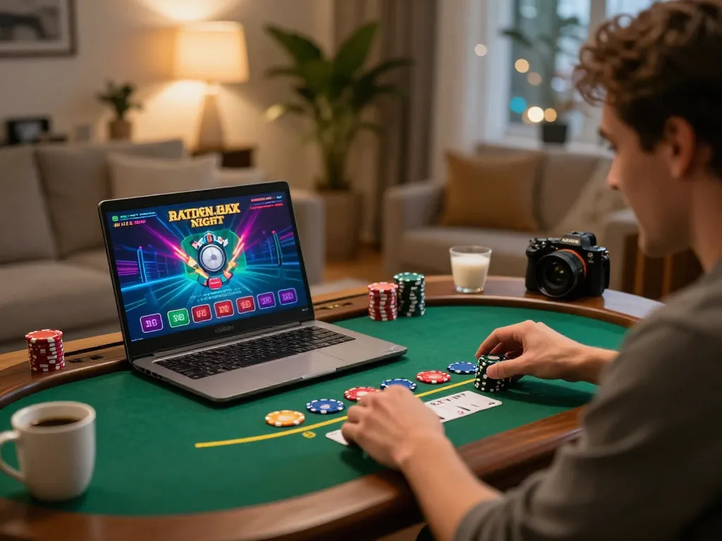 Player enjoying an interactive 8day blackjack game on a laptop at home, showcasing responsible gaming.