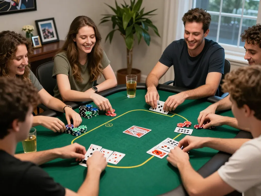 Engage in Đăng ký Tic88 while enjoying a lively home poker game with friends and colorful chips.