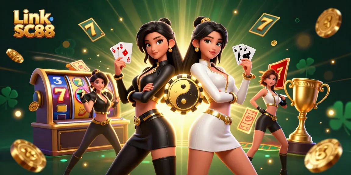 Engage with Link SC88 through a dynamic casino scene featuring stunning twin Asian women and exciting gaming elements.