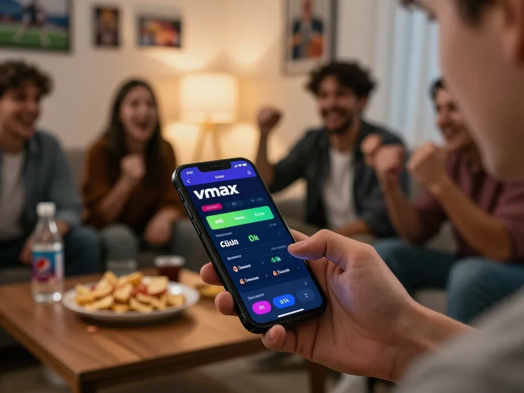 Engaged player using Vmax ok app for sports betting at home, showcasing excitement and strategy.