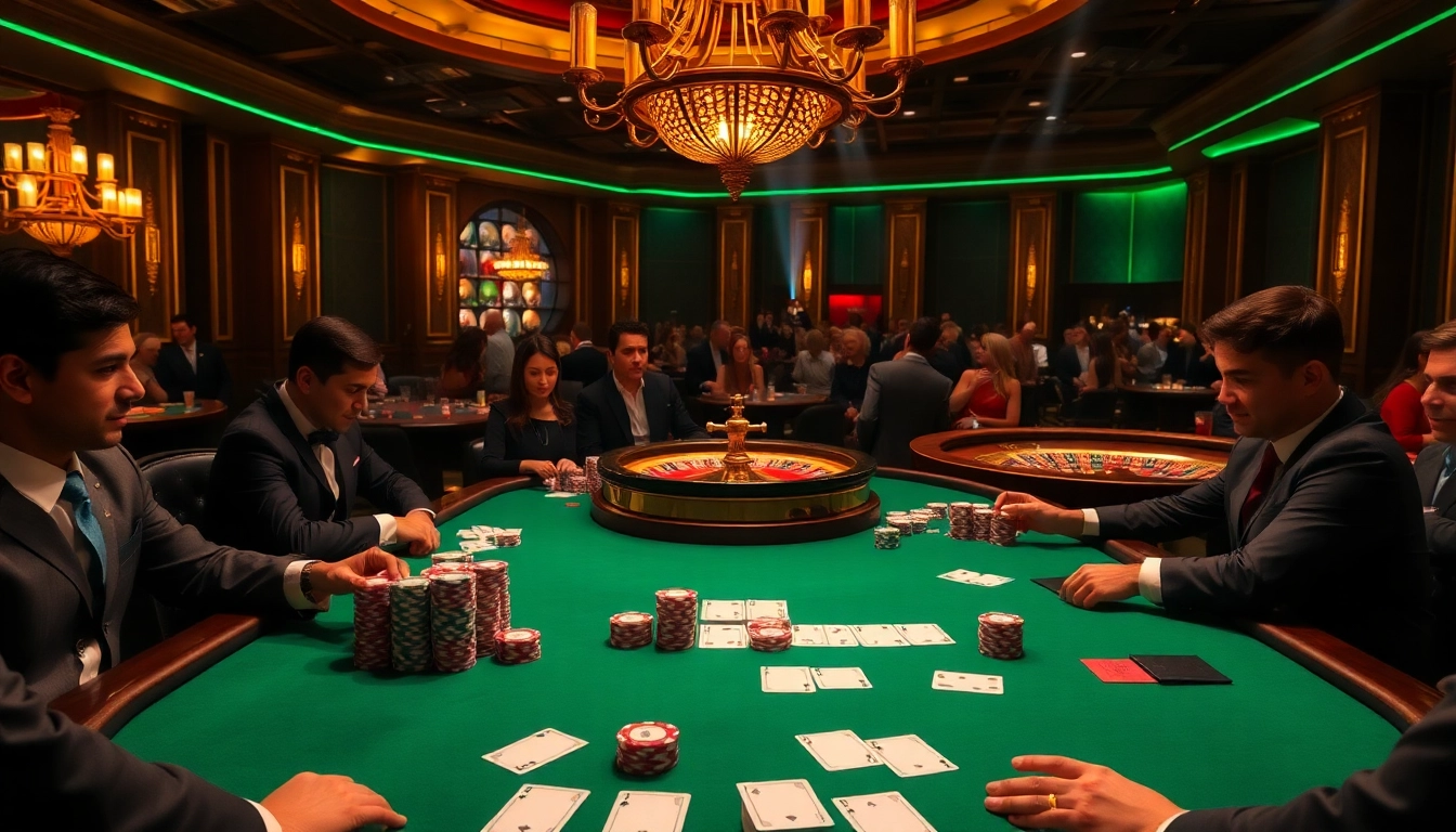 Excitement at Haywin casino table with players, poker chips, and roulette wheel.