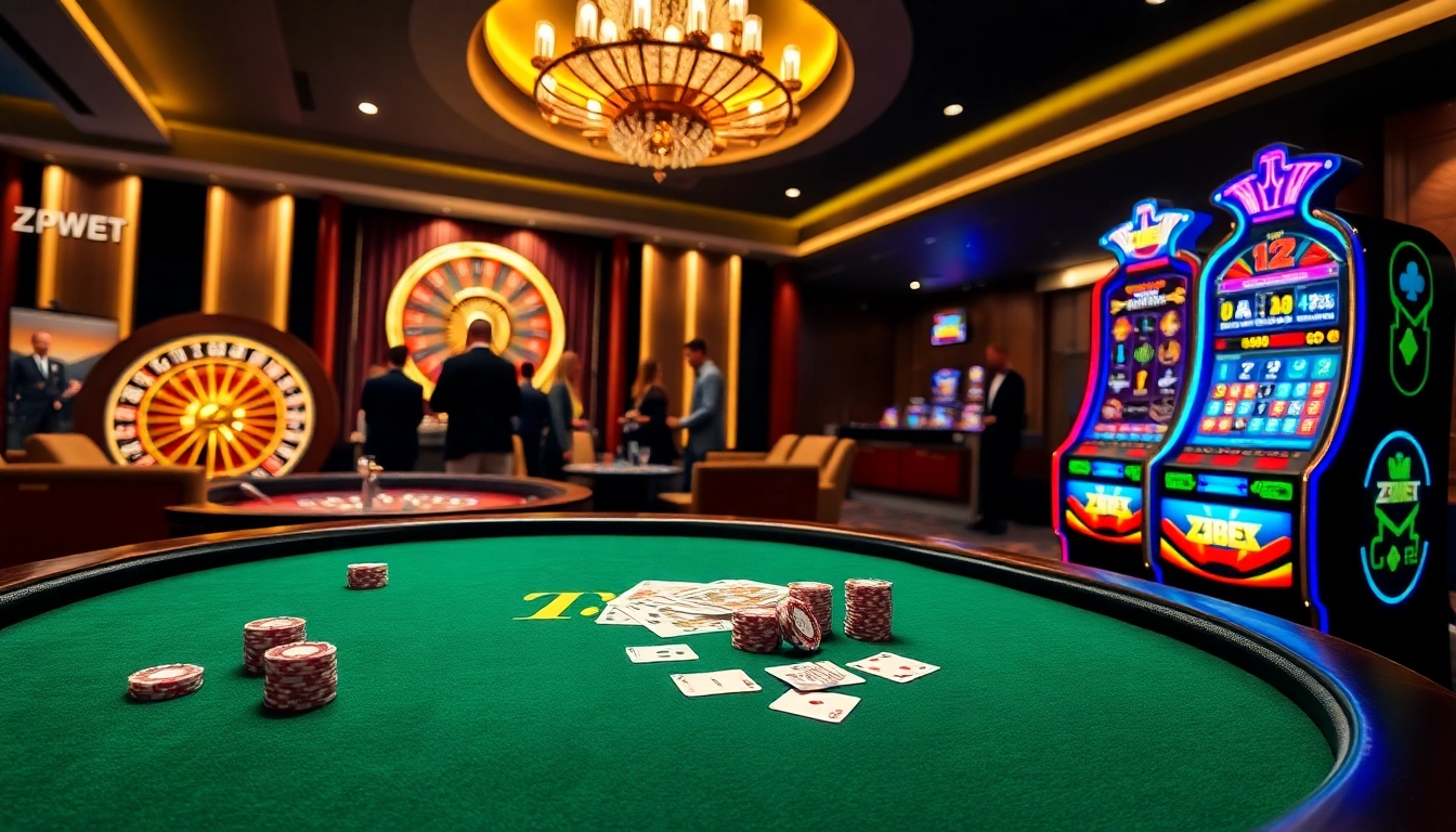 Experience thrilling gaming action at ZBET's luxury casino with poker chips and roulette.