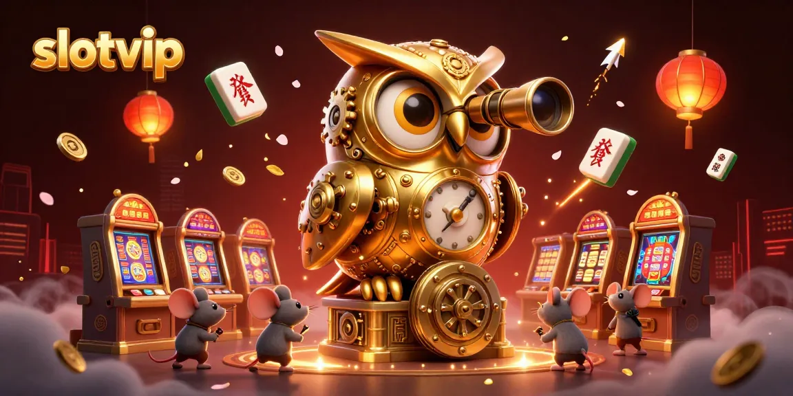 Experience the thrill of slotvip in action with vibrant 3D casino illustration of owl and mice patrons.