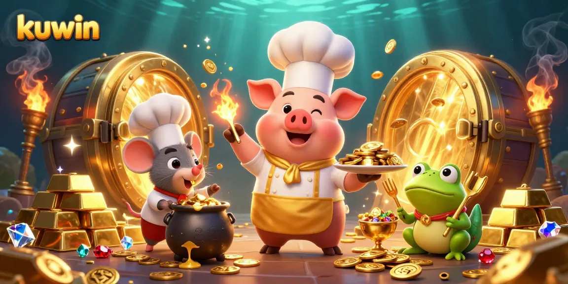 kuwin attracts players with vibrant 3D scene featuring a chef pig, gold coins, and dynamic casino elements