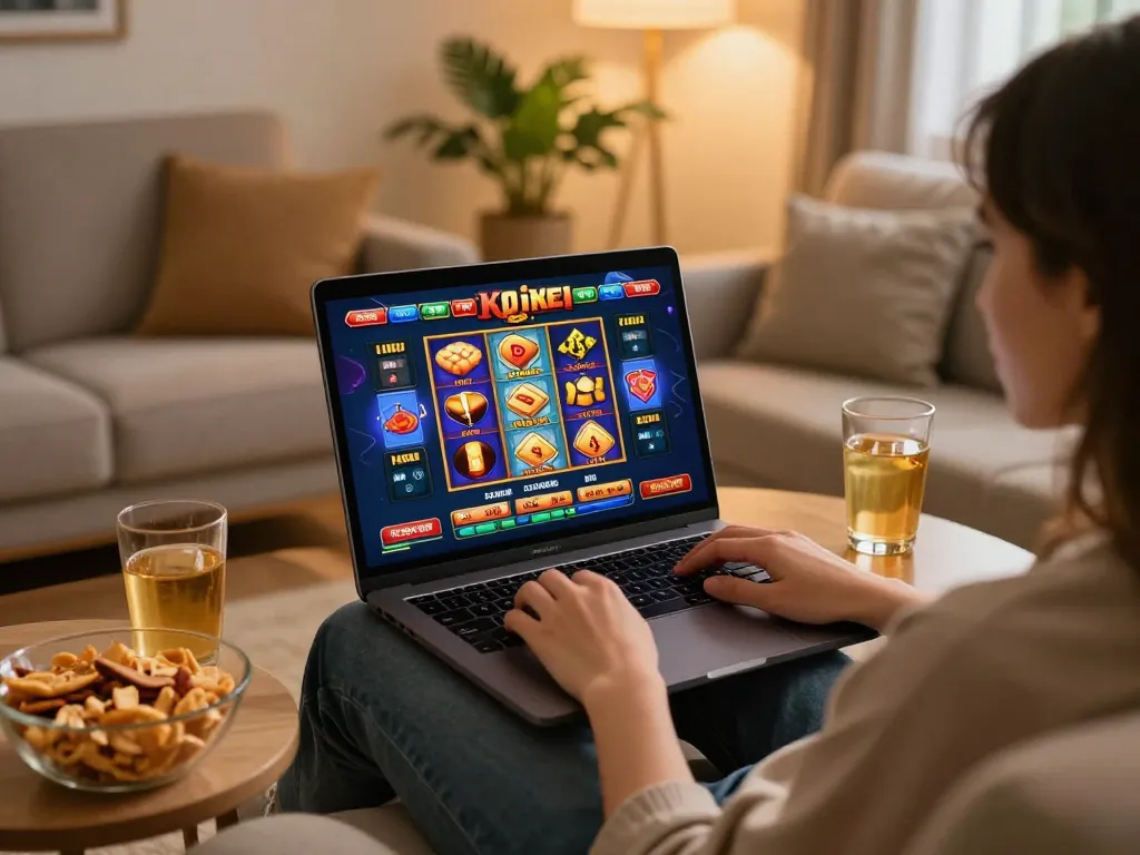 Berpartisipasi dalam permainan slot link di laptop di rumah, menciptakan suasana perjudian online yang hidup.
