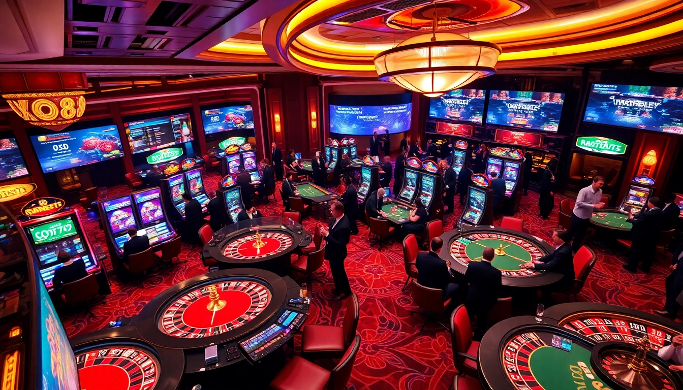 Xin88 casino atmosphere with players enjoying roulette and slot machines in a vibrant setting.