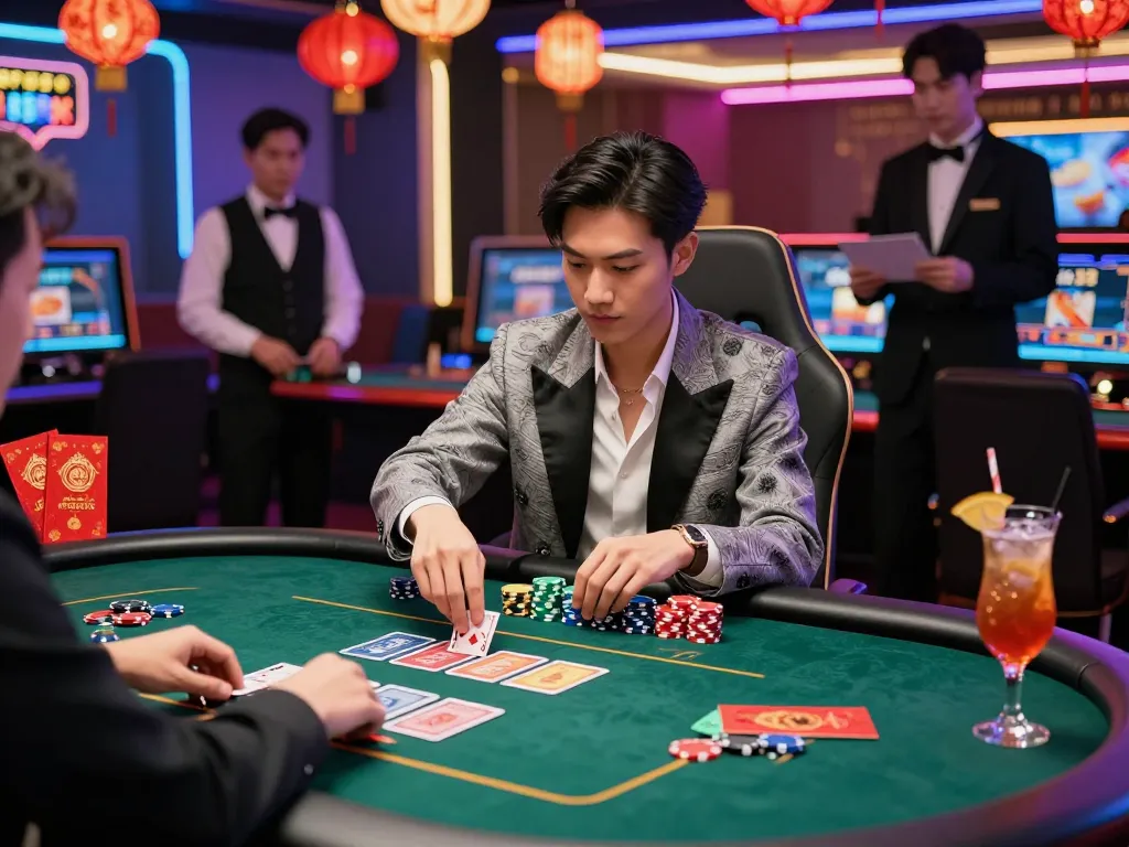 Player enjoying a high-stakes card game at 8kbet amidst luxurious Tet festivities.