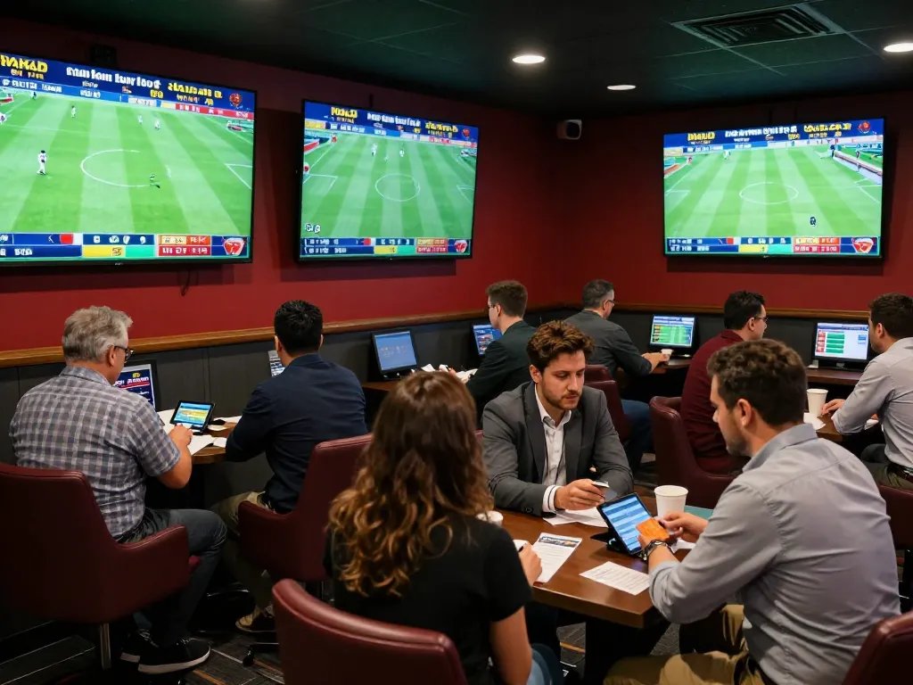 Kết quả bóng đá displayed on screens at a vibrant sports betting lounge, engaging bettors discussing game strategies.