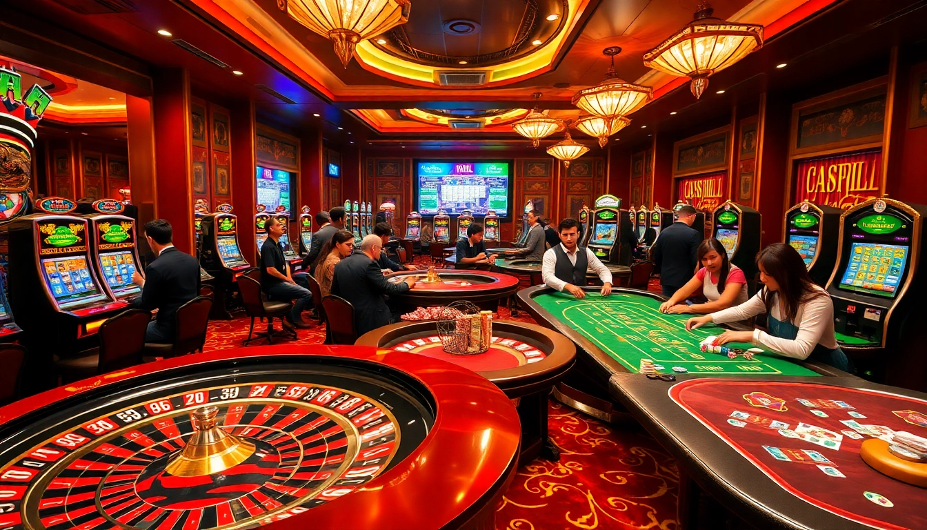 Experience thrilling gaming action at link vào mint88 in a vibrant casino scene with roulette and poker setups.