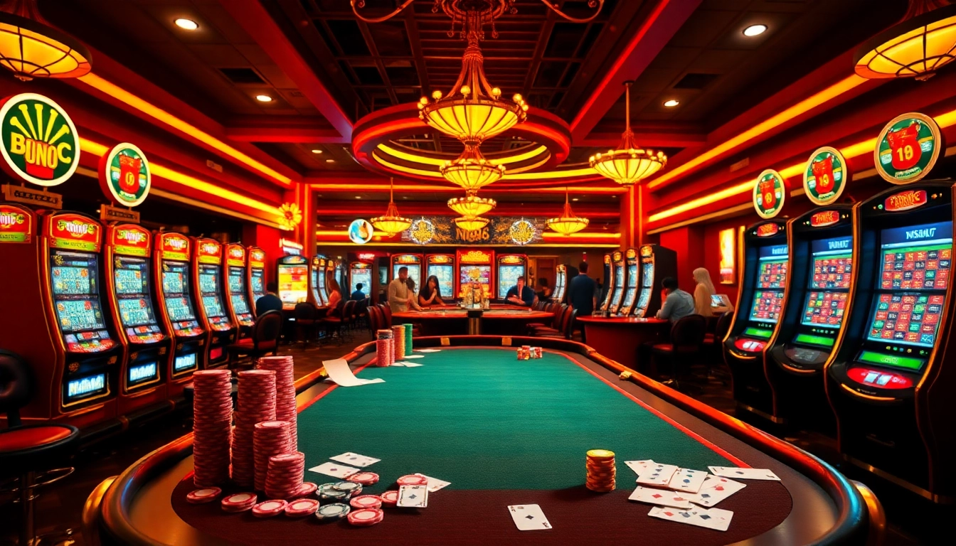 Exciting online gambling scene at nk88 .com with players at poker and roulette tables.