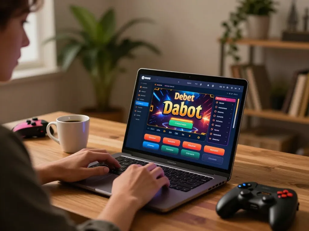 Engaged player exploring debet casino interface on laptop in cozy home environment.