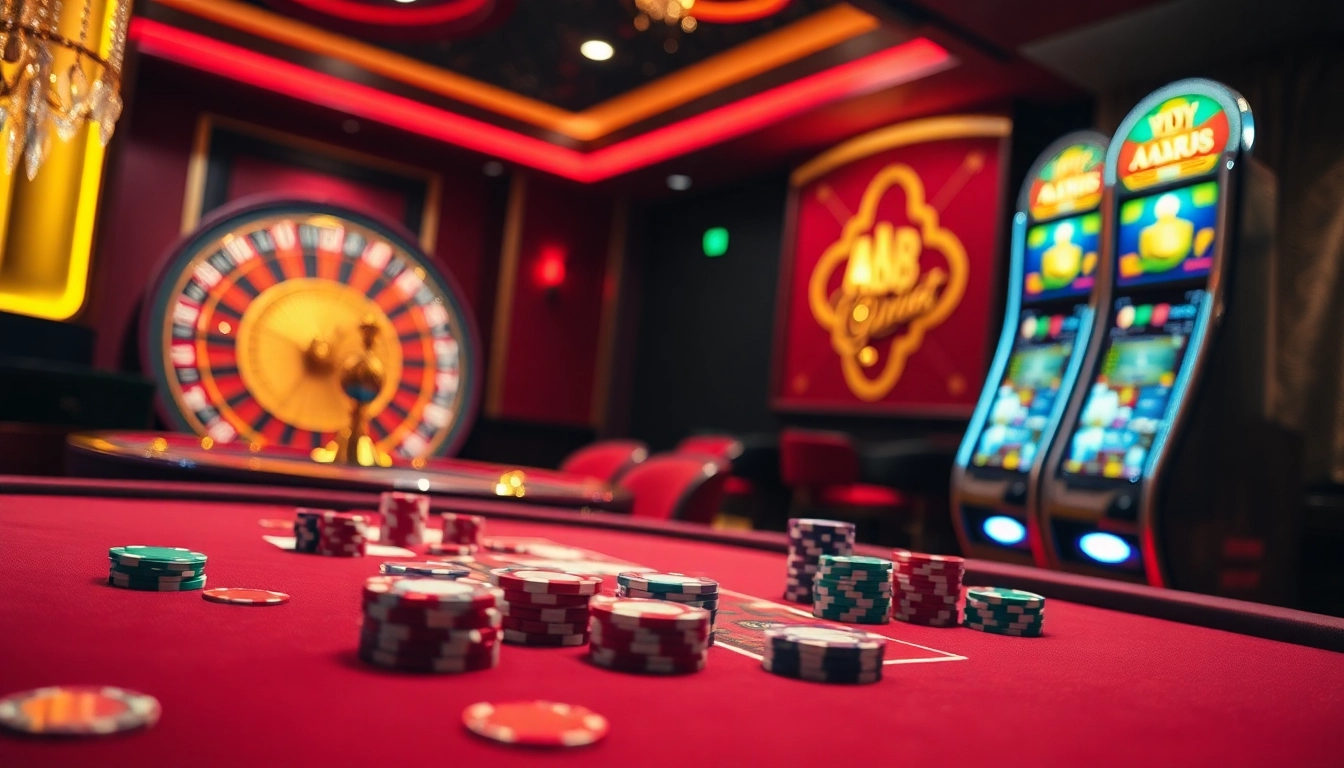 A thrilling casino scene with a poker table and slot machine inspired by AA88's vibrant gambling atmosphere.