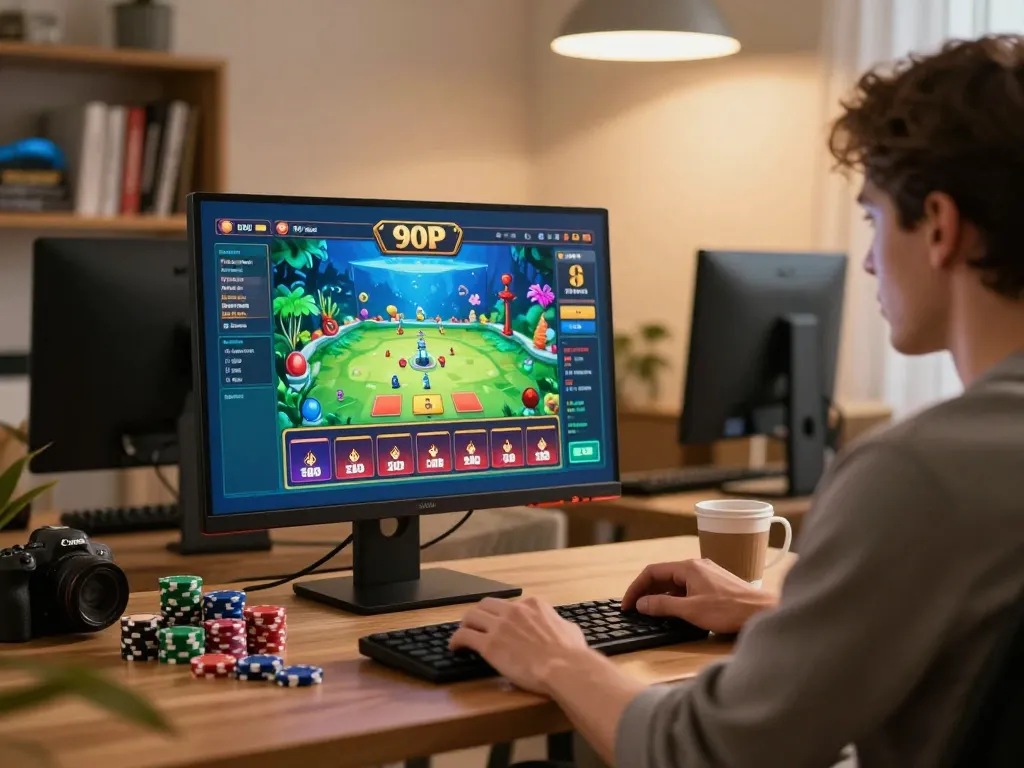 Player engaging with the 90P casino game on a computer, showcasing vibrant graphics and strategic gameplay.