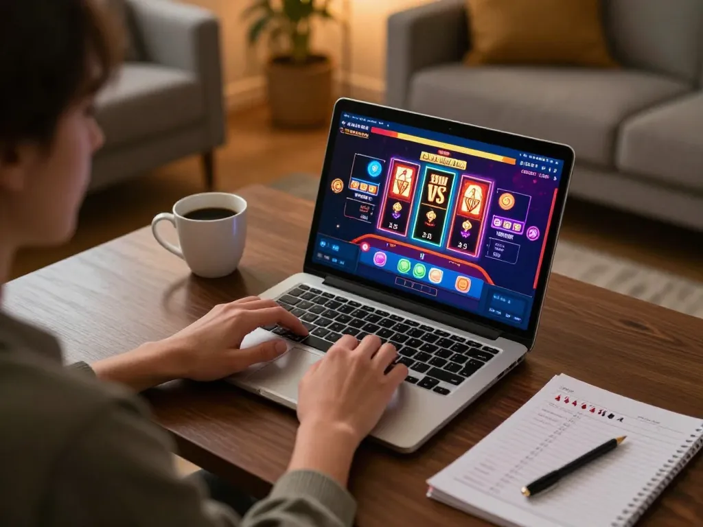 Engaging in online gaming on go88 with vibrant poker and slots interface in a cozy home setting.