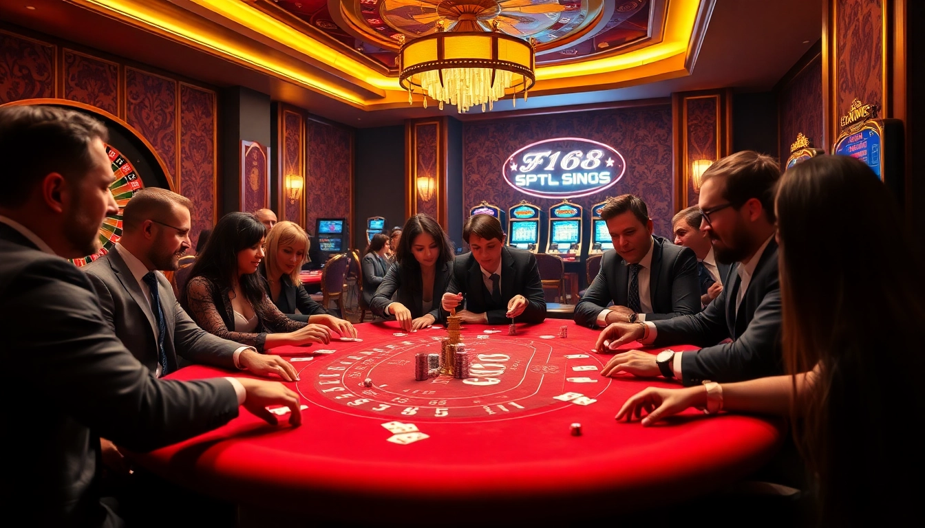 F168 players enjoying a thrilling casino game at a vibrant, glamorous gaming table.