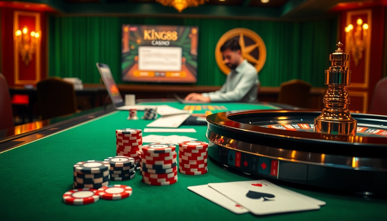 Engage in Đăng ký King88 as you navigate a luxurious online casino experience with vibrant poker chips and cards.