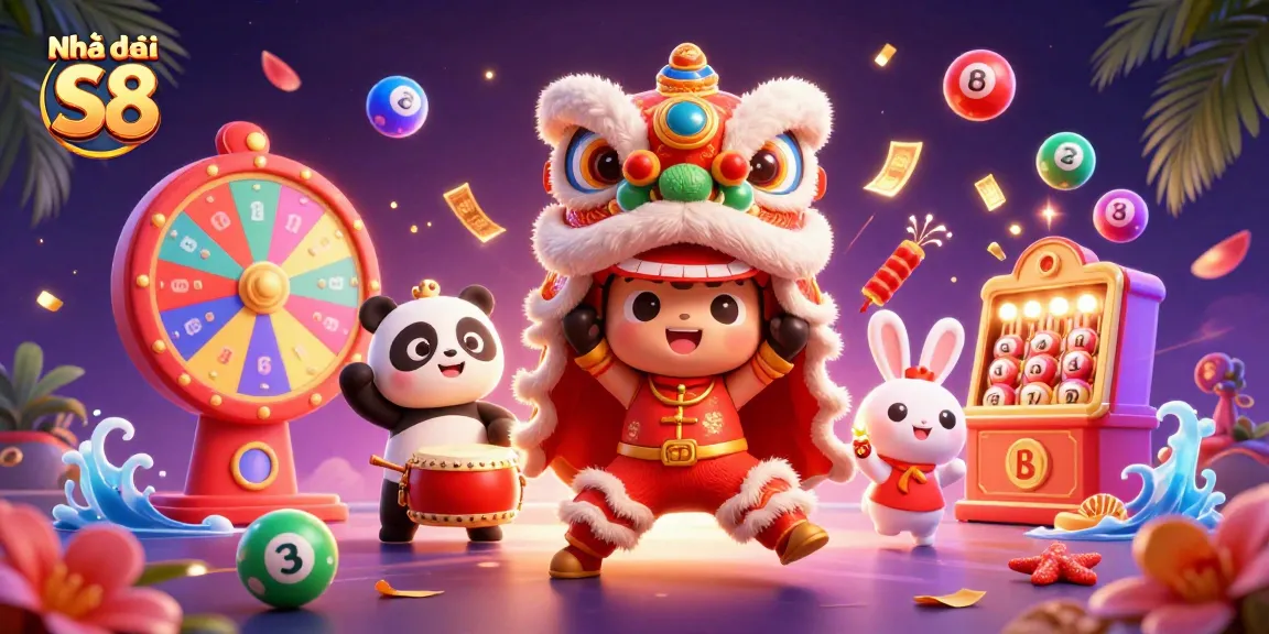 Experience thrilling excitement at Nhà cái S8 with a vibrant 3D casino illustration featuring a lively lion dance and dynamic gaming elements.