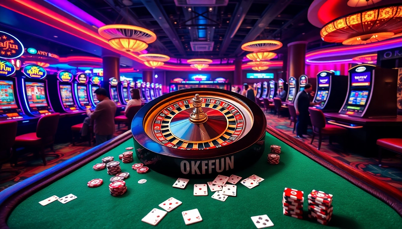 Experience the excitement of Okfun at a luxurious casino with vibrant roulette and card games.