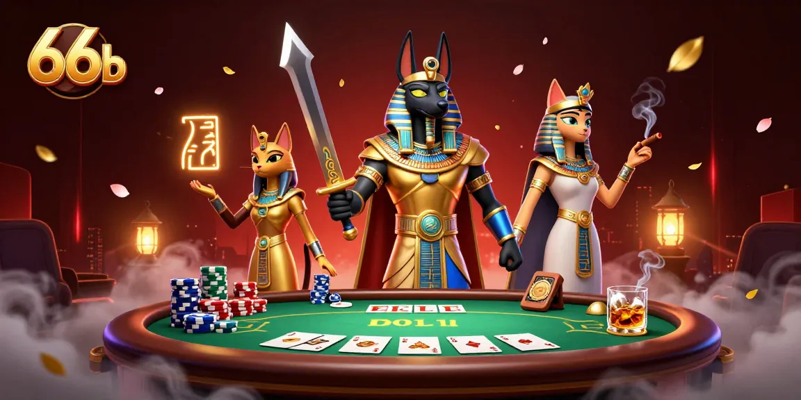 Engage in thrilling poker action with 66b as Anubis and Bastet light up the casino