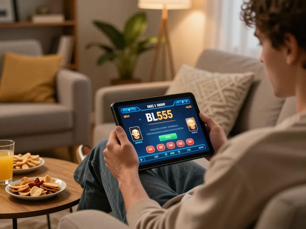 Engaging in online gaming at trang chủ BL555 using a tablet in a cozy home setting.