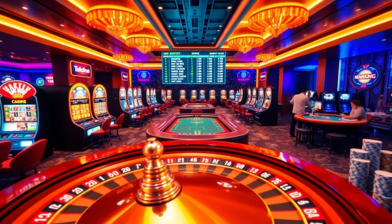 Gambling action at the modern casino featuring odds from https://tylekeonhacai5.plus/ with roulette and poker tables.