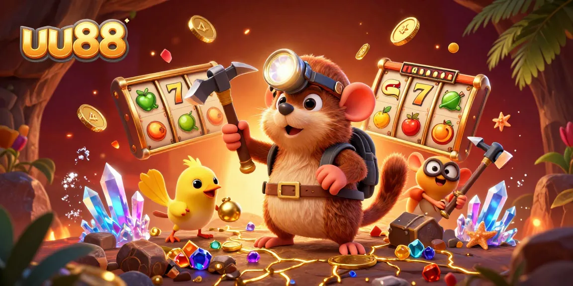 Experience exciting wins at uu88 with a vibrant treasure hunter scene filled with gold and slot reels.