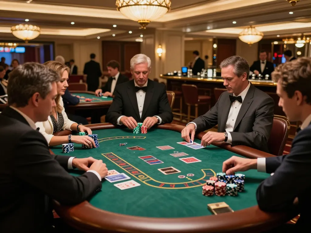 Players strategizing and placing bets at a 68win blackjack table in a luxurious casino environment.