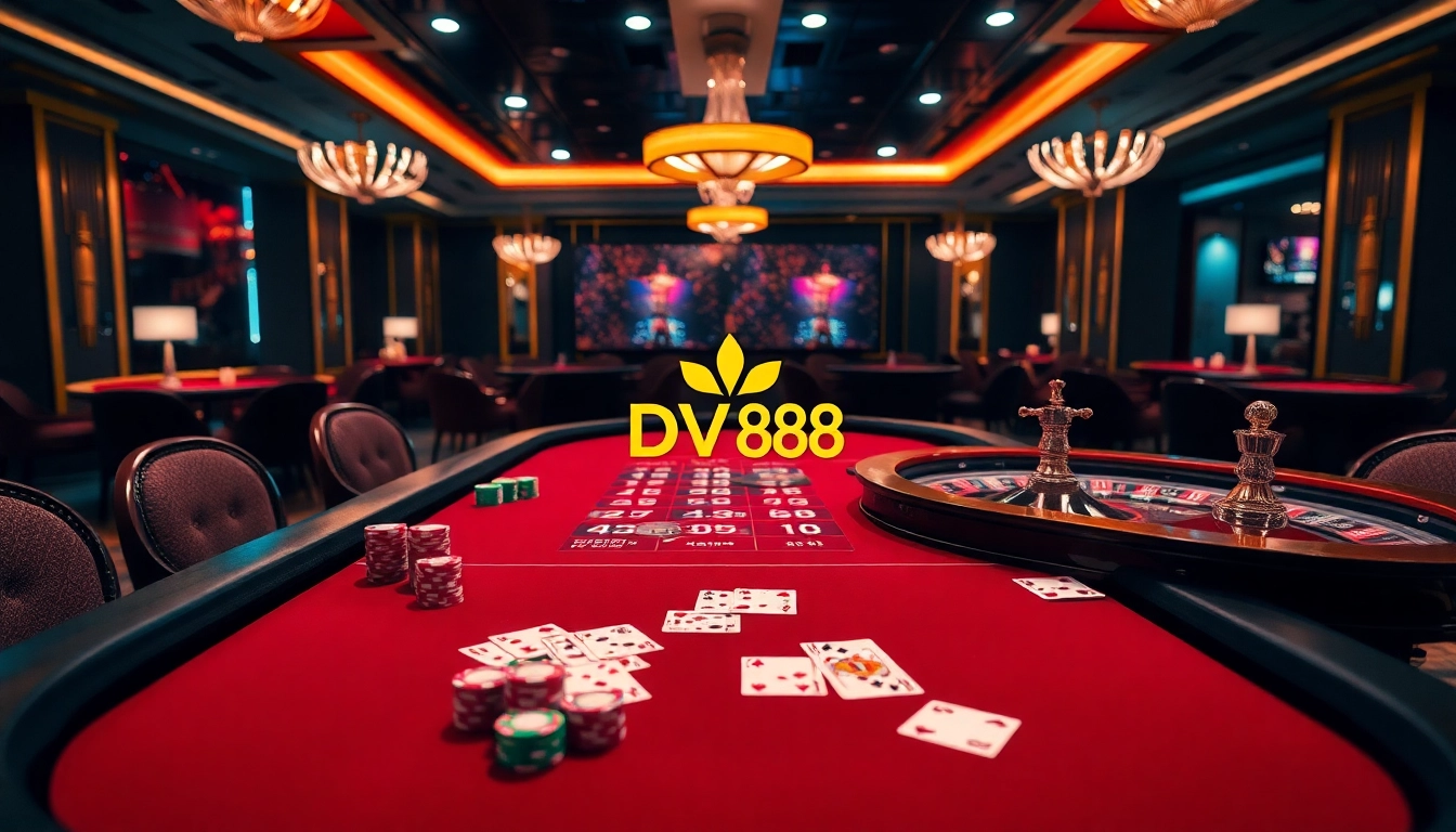 Experience high-stakes gaming at DV88's luxurious casino table with vibrant chips and cards.