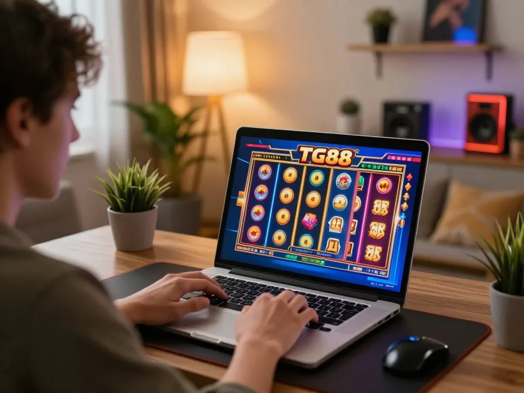 TG88 player enjoying slot games on a laptop in a stylish home gaming setup.