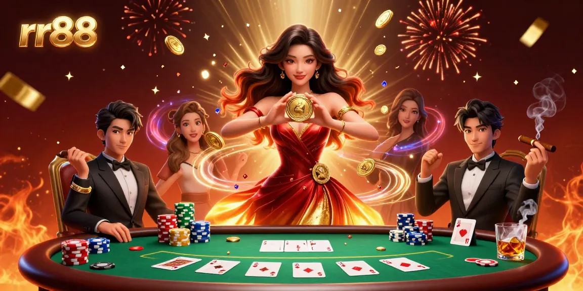 Experience the excitement of rr88 with a stunning Asian woman showcasing golden coins and engaging poker elements.