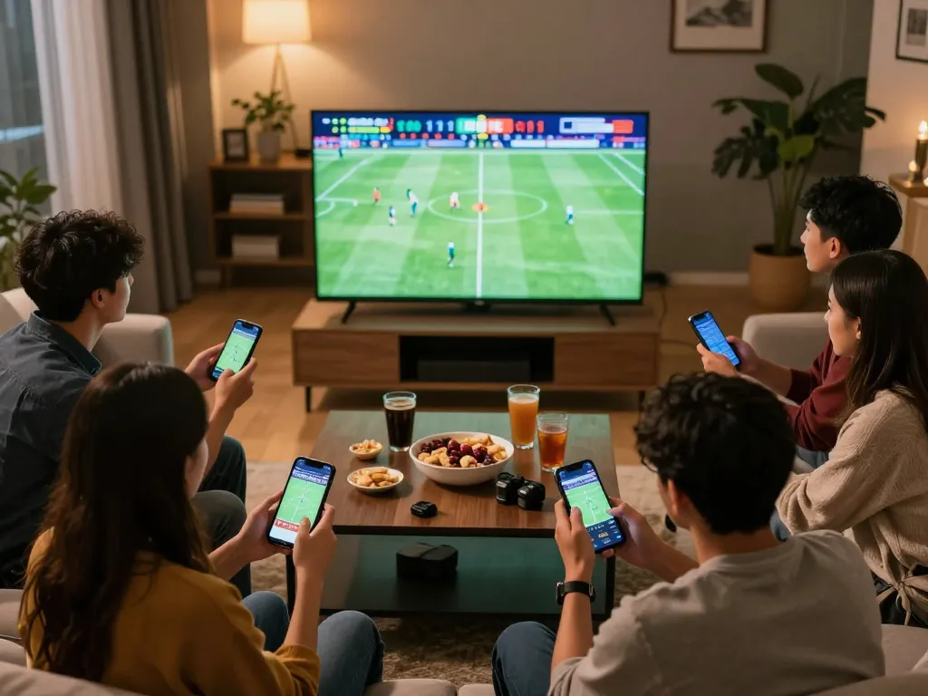 Friends actively engaging in sports betting while watching live football, showcasing Keo nha cai 5 gameplay dynamics.