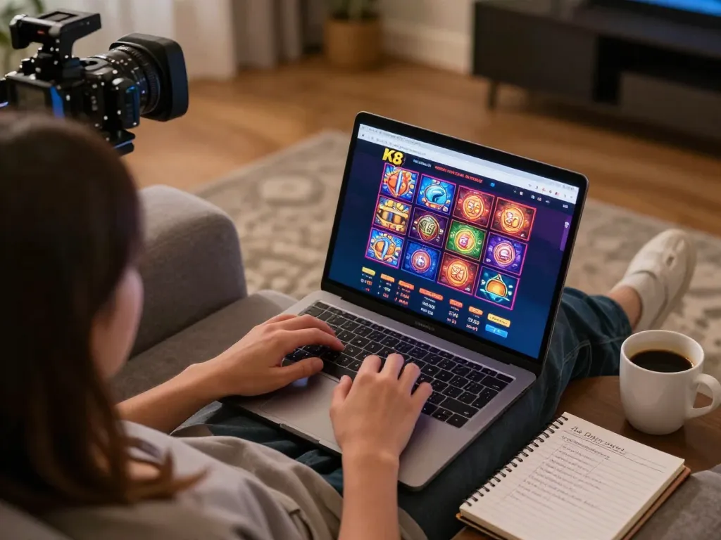 Engaging online gaming scene using K8 platform with a laptop on a cozy sofa